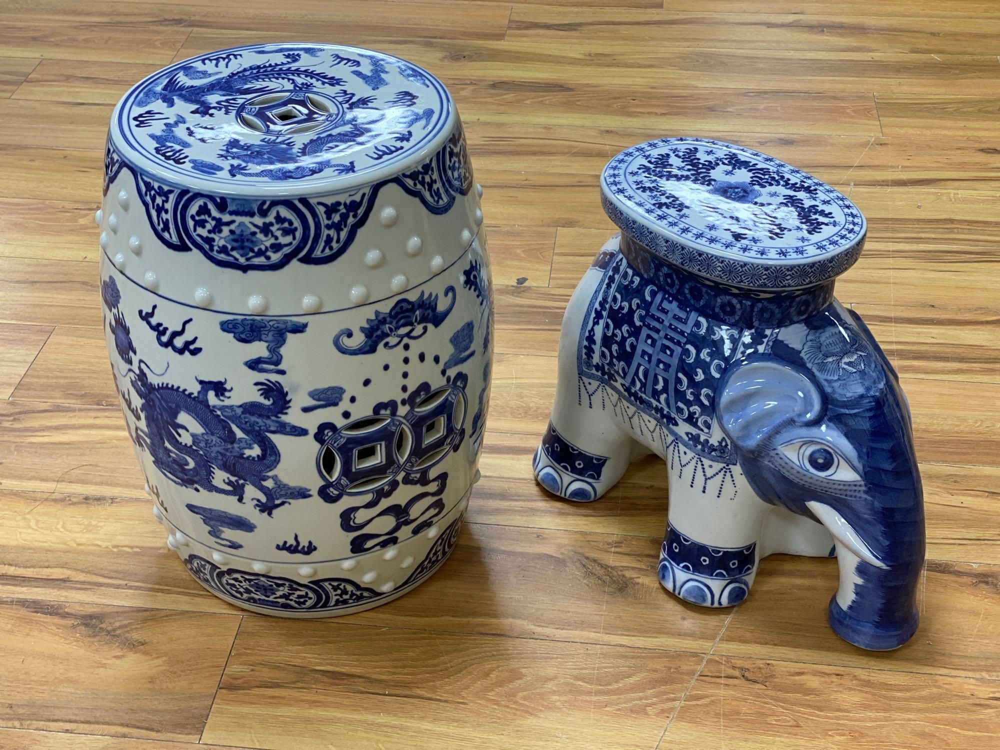 A Chinese blue and white ceramic garden seat and a similar elephant seat, 47.5cm tall